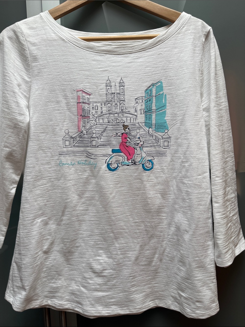 Talbots Roman holiday scooter mid Sleeve Top with Pink & Teal Accents